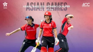 Hong Kong women’s cricket players featured in promotional artwork for the Asian Games 2026 Women’s Qualifier tournament scheduled for May 25–31, 2026.
