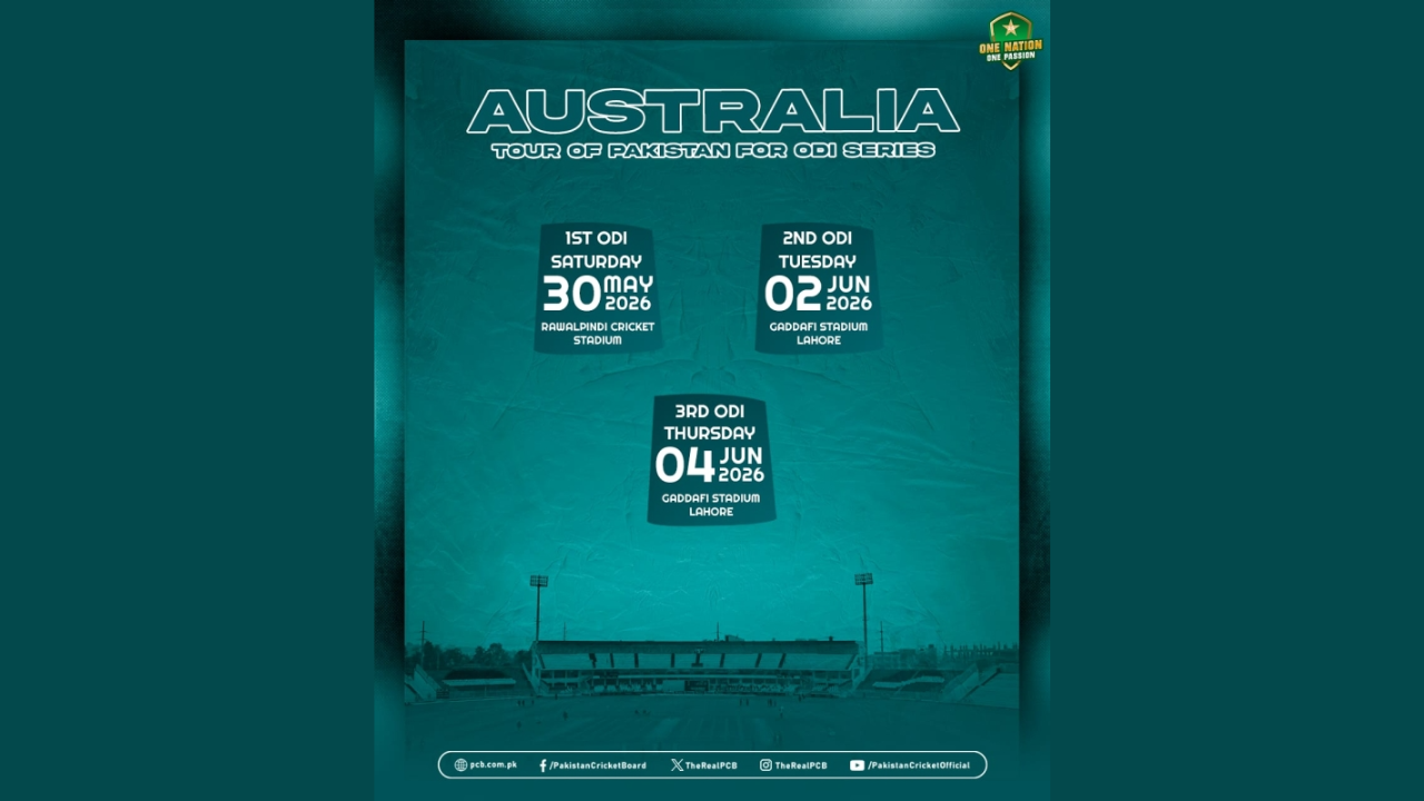 Australia tour of Pakistan ODI Series 2026 schedule graphic featuring match dates and venues in Rawalpindi and Lahore.