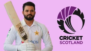 Former Pakistan cricketer Azhar Ali pictured alongside the Cricket Scotland logo during coaching and cricket development discussions.