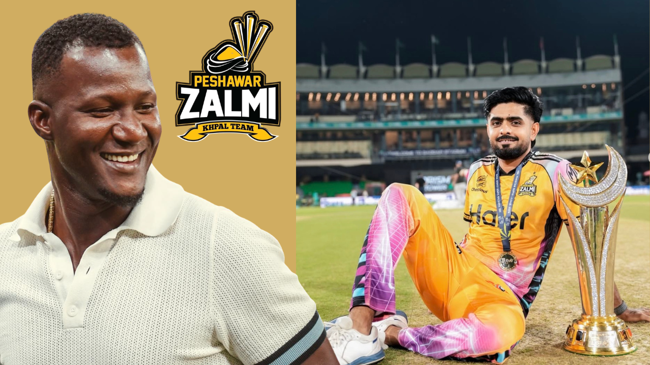 Babar Azam with PSL 11 trophy in Peshawar Zalmi kit alongside Darren Sammy and team logo graphic