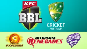 Big Bash League BBL and Cricket Australia logos alongside Perth Scorchers, Melbourne Renegades and Hobart Hurricanes team logos