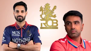 Bhuvneshwar Kumar and Ravichandran Ashwin alongside the Royal Challengers Bengaluru (RCB) logo during the IPL season.