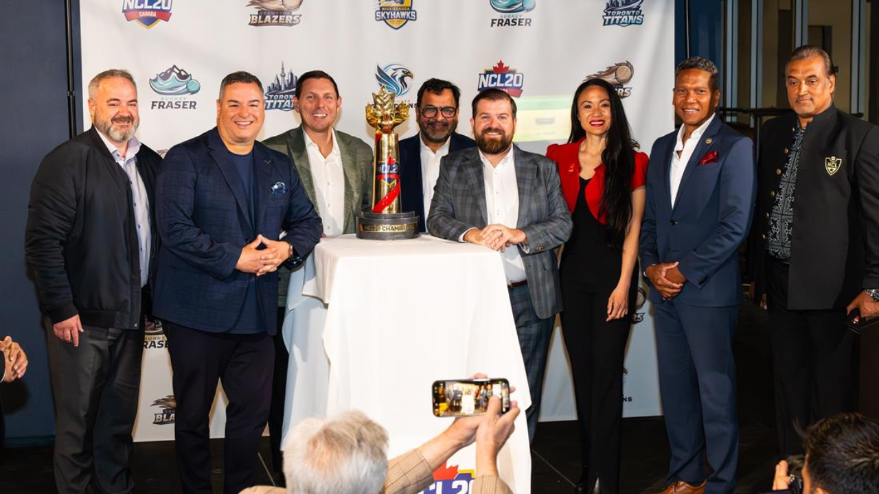 Mayor Patrick Brown, Members of Council, Arun Agarwal and community partners celebrate the return of professional cricket to Brampton at a National Cricket League event.