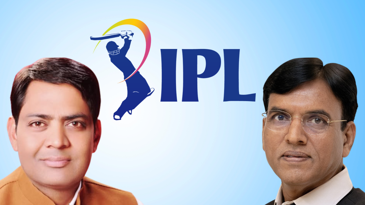 Brijesh Goyal and Mansukh Mandaviya featured alongside the IPL logo in a cricket administration and governance-related graphic.
