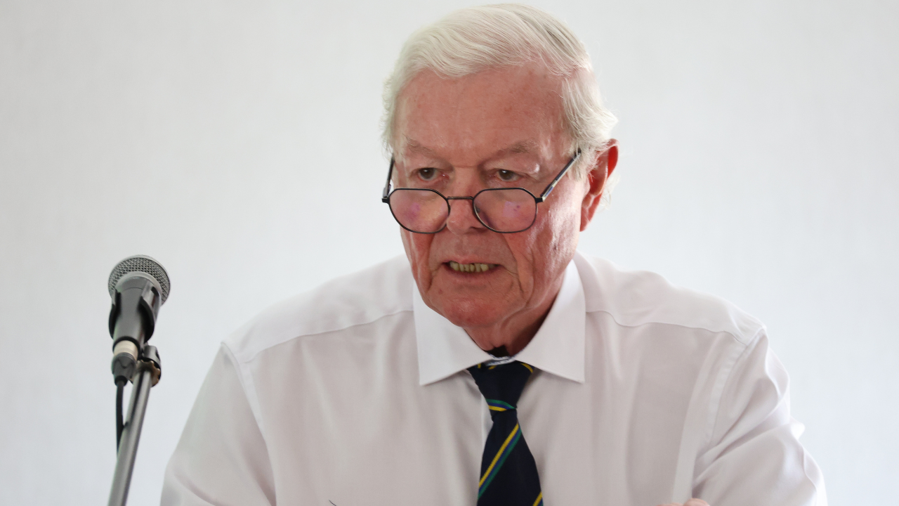 Bryan O’Donnell, newly appointed Cricket Ireland President, speaking at a press conference with microphone visible