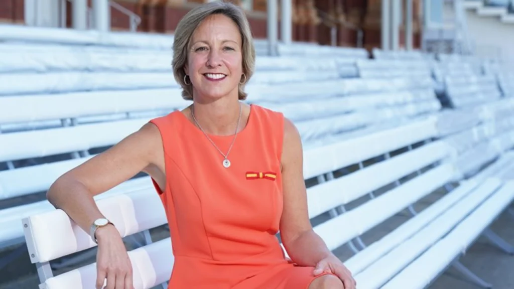 Clare Connor, announced as MCC’s first female President in 2020, seated at Lord’s Cricket Ground.