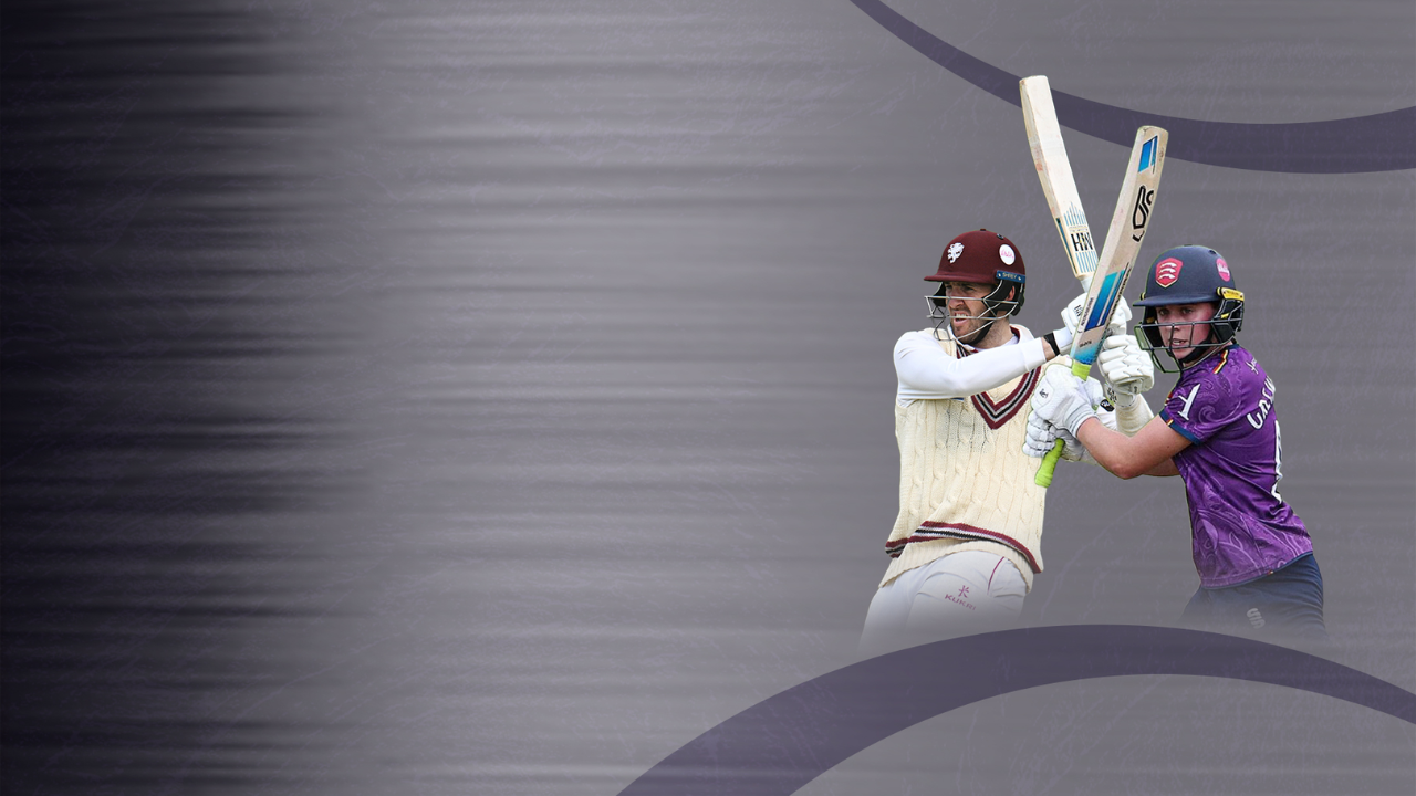 Craig Overton and Jodi Grewcock playing cricket during a competitive match, both captured mid-shot with raised bats on a stylized background.