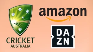 Cricket Australia logo displayed alongside Amazon and DAZN logos representing cricket broadcasting and media rights partnerships.