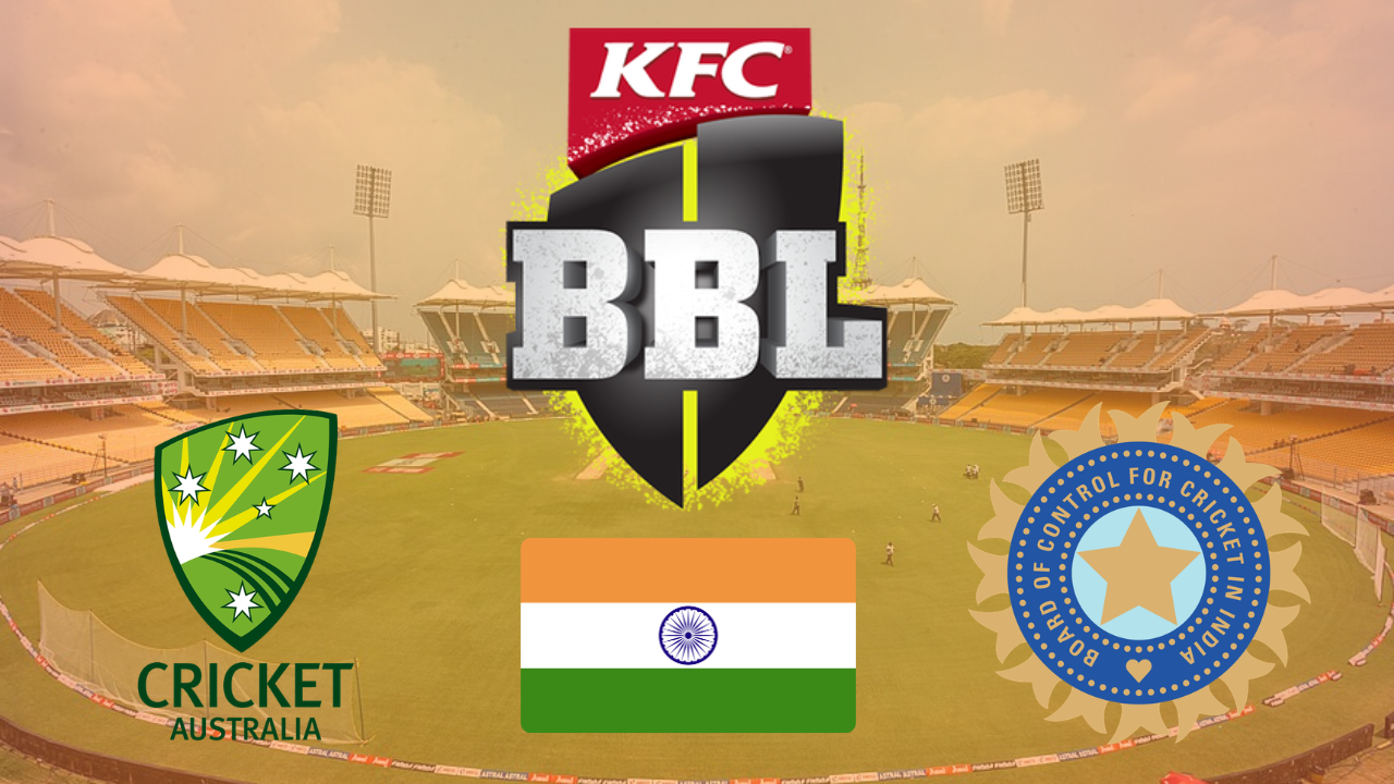 Graphic featuring Cricket Australia, BCCI and Big Bash League (BBL) logos with the Indian flag and MA Chidambaram Stadium in the background representing Australia-India cricket relations.