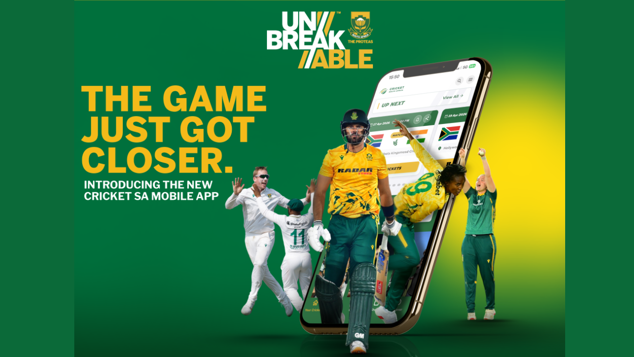 Promotional graphic for the Cricket South Africa mobile app launch featuring Proteas players and the new Cricket SA app interface.