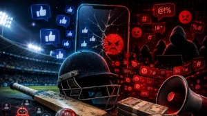 Illustration showing cricket equipment, social media reactions and online abuse symbols representing the rise of paid online hate targeting cricket players and their families.