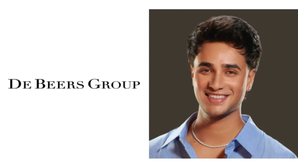 Abhishek Sharma alongside the De Beers Group logo in a promotional graphic related to brand endorsement and partnership.