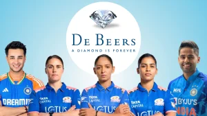 De Beers promotional graphic featuring cricketers Abhishek Sharma, Harmanpreet Kaur, Nat Sciver-Brunt and Suryakumar Yadav alongside the De Beers diamond logo.