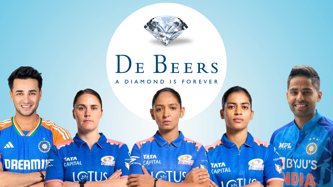 De Beers promotional graphic featuring cricketers Abhishek Sharma, Harmanpreet Kaur, Nat Sciver-Brunt and Suryakumar Yadav alongside the De Beers diamond logo.