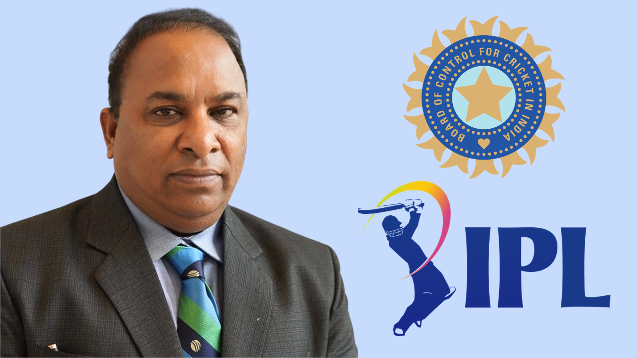 Devajit Saikia portrait alongside BCCI logo and IPL logo representing Indian cricket administration and league branding