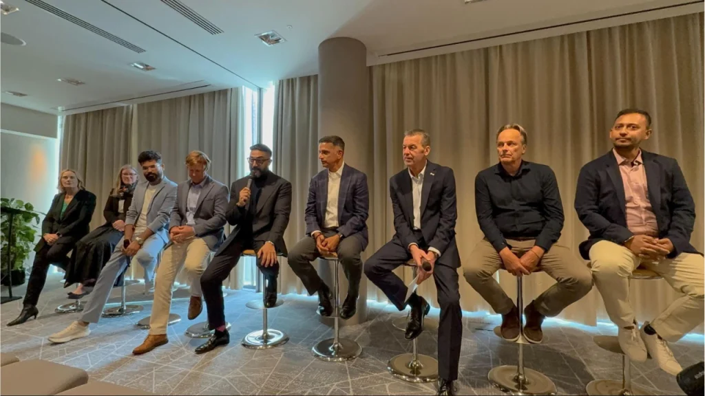 Rahul Dravid joins Abhishek Bachchan and Brian MacNeice during an ETPL announcement event to express excitement about joining the league as an owner.