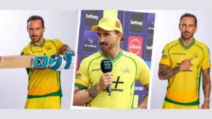 Faf du Plessis wearing the Joburg Super Kings SA20 jersey in promotional and media appearances