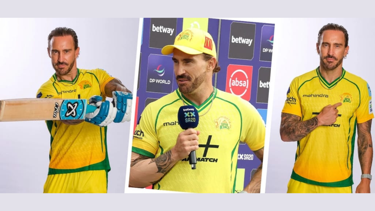 Faf du Plessis wearing the Joburg Super Kings SA20 jersey in promotional and media appearances