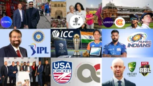 Collage featuring global cricket stories including ICC, IPL, Mumbai Indians, Lord’s Cricket Ground, USA Cricket and international cricket developments.