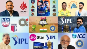Collage featuring global cricket topics including IPL, BBL, Major League Cricket, USA Cricket, Cricket Canada, ICC, Chennai Super Kings, Abu Dhabi T10 and cricket administrators.