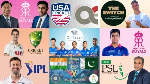 Collage featuring cricket personalities, Rajasthan Royals, USA Cricket, IPL, PSL, Cricket Australia, and India women’s cricket team graphics.