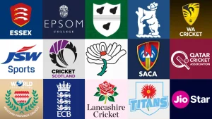 Collage featuring logos of cricket organizations, broadcasters, and associations including Essex Cricket, Cricket Scotland, ECB, SACA, Qatar Cricket Association, and JioStar.