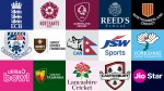 Logos of global cricket organizations, county clubs, foundations, broadcasters, and sports partners displayed in a collage layout.