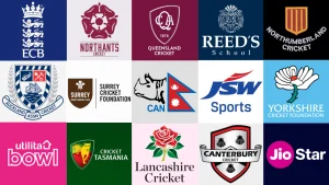Logos of global cricket organizations, county clubs, foundations, broadcasters, and sports partners displayed in a collage layout.