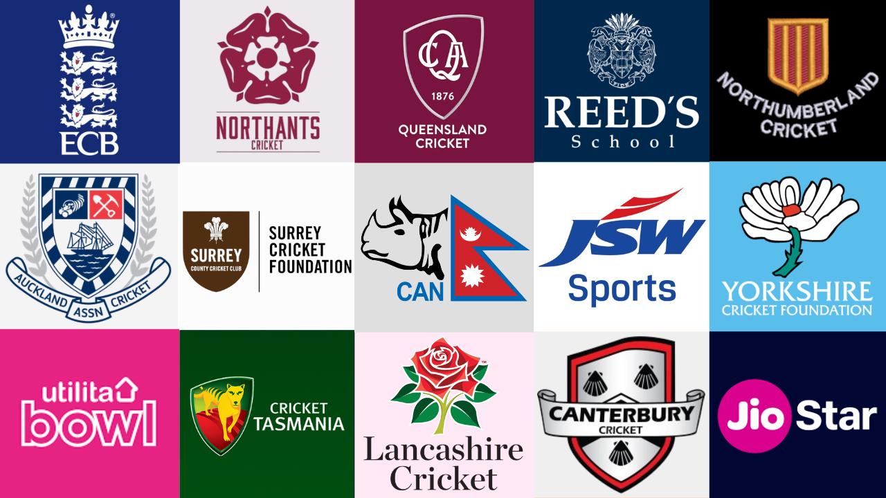 Logos of global cricket organizations, county clubs, foundations, broadcasters, and sports partners displayed in a collage layout.