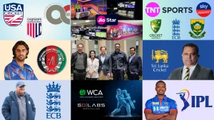 Collage of global cricket organizations, leagues, broadcasters, and players including USA Cricket, IPL, ECB, Cricket Australia, and media partners