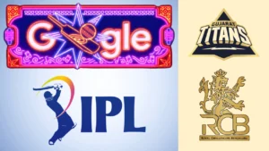 Google Doodle cricket graphic alongside IPL, Gujarat Titans and Royal Challengers Bengaluru logos.