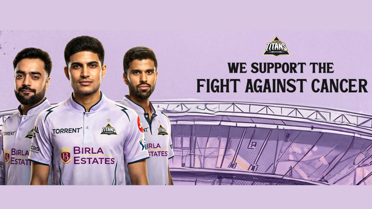 Rashid Khan, Shubman Gill, and Washington Sundar in Gujarat Titans lavender jerseys supporting the fight against cancer during IPL season.