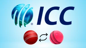 ICC logo with red and pink cricket balls illustrating discussions around ball changes, playing conditions or stop clock rules in international cricket.