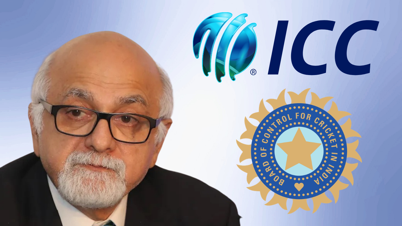 ICC Deputy Chair Imran Khwaja pictured alongside ICC and BCCI logos representing international cricket governance.