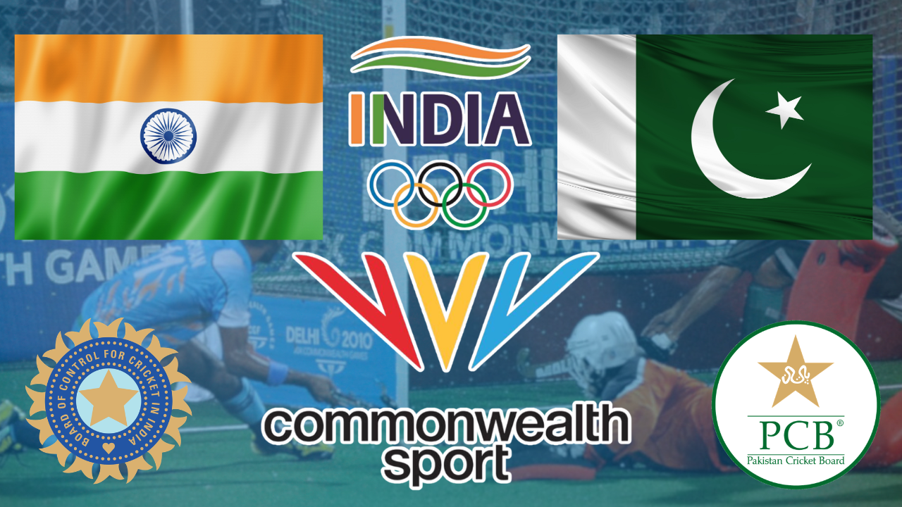Graphic featuring India and Pakistan flags alongside Commonwealth Sport, BCCI, and PCB logos in an international sports context.