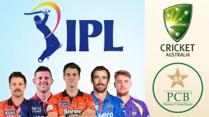 IPL graphic featuring Pat Cummins, Josh Hazlewood, Cameron Green, Travis Head, and Mitchell Starc alongside IPL, Cricket Australia, and PCB logos.