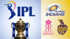 IPL graphic featuring the IPL trophy alongside Mumbai Indians, Rajasthan Royals and Kolkata Knight Riders team logos.
