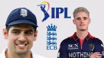 Jacob Bethell and Sir Alastair Cook featured alongside IPL and ECB logos in a graphic related to England cricketers and the Indian Premier League.