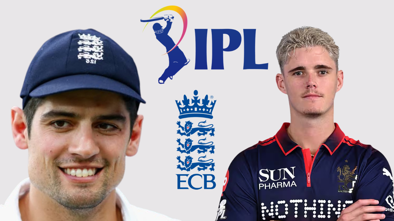 Jacob Bethell and Sir Alastair Cook featured alongside IPL and ECB logos in a graphic related to England cricketers and the Indian Premier League.