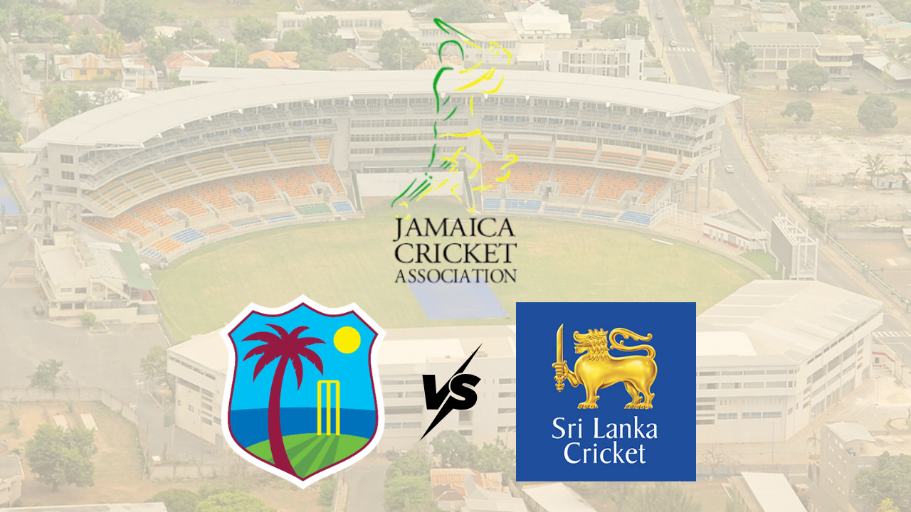 Jamaica Cricket Association graphic featuring Cricket West Indies and Sri Lanka Cricket logos with Sabina Park stadium in the background.