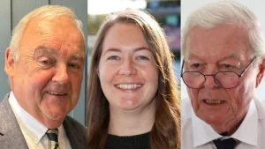 Portrait collage featuring Jamie McDowall, Tiffany Finlay, and Bryan O’Donnell in a cricket administration and leadership context.