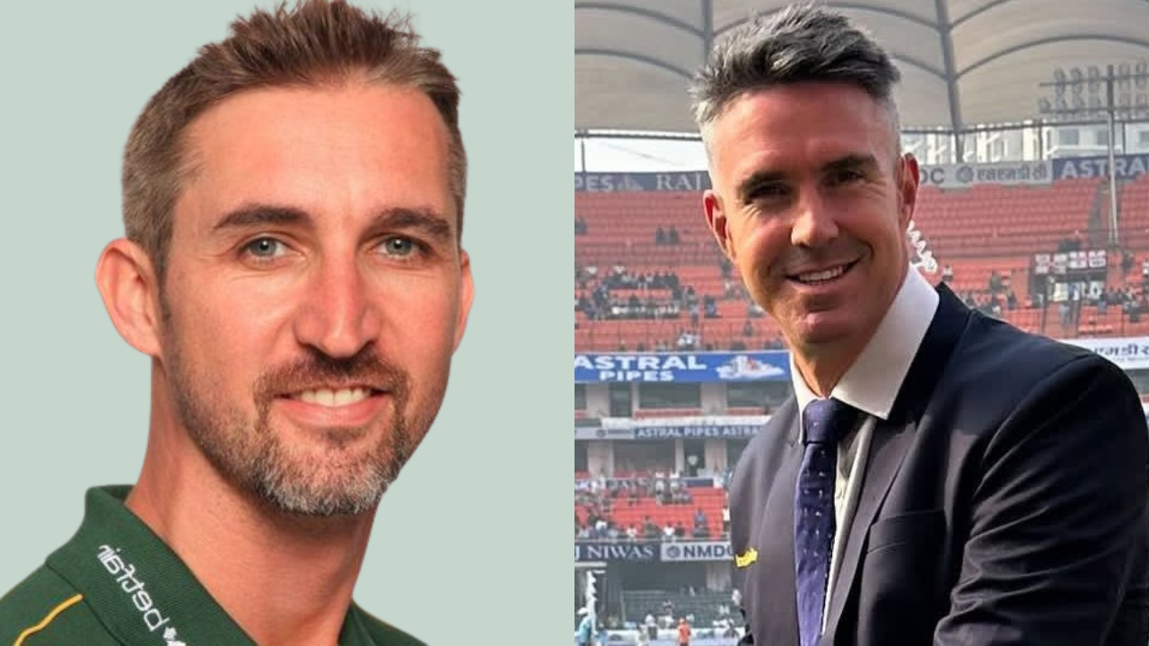 Jason Gillespie and Kevin Pietersen featured in a split-image graphic highlighting cricket coaching and commentary roles, with a stadium backdrop behind Pietersen.