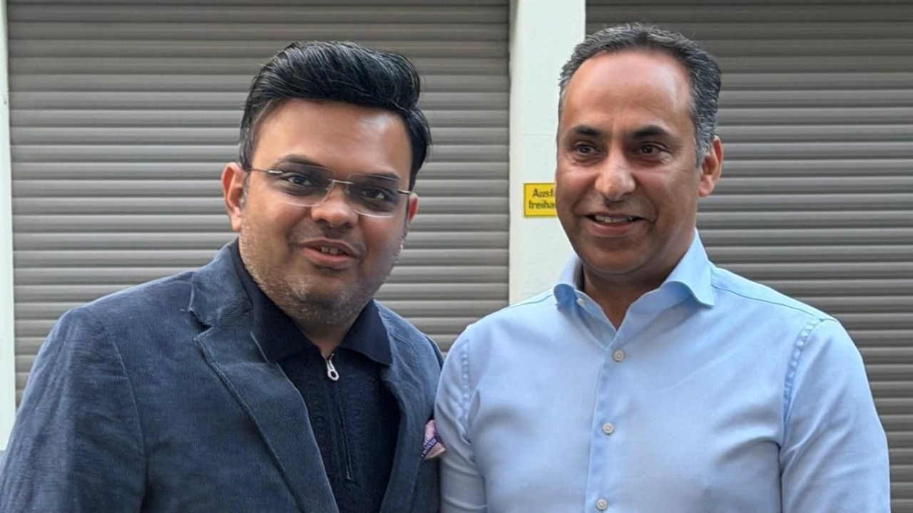Jay Shah and Rashid Shah pose together during a cricket administration meeting and networking event.