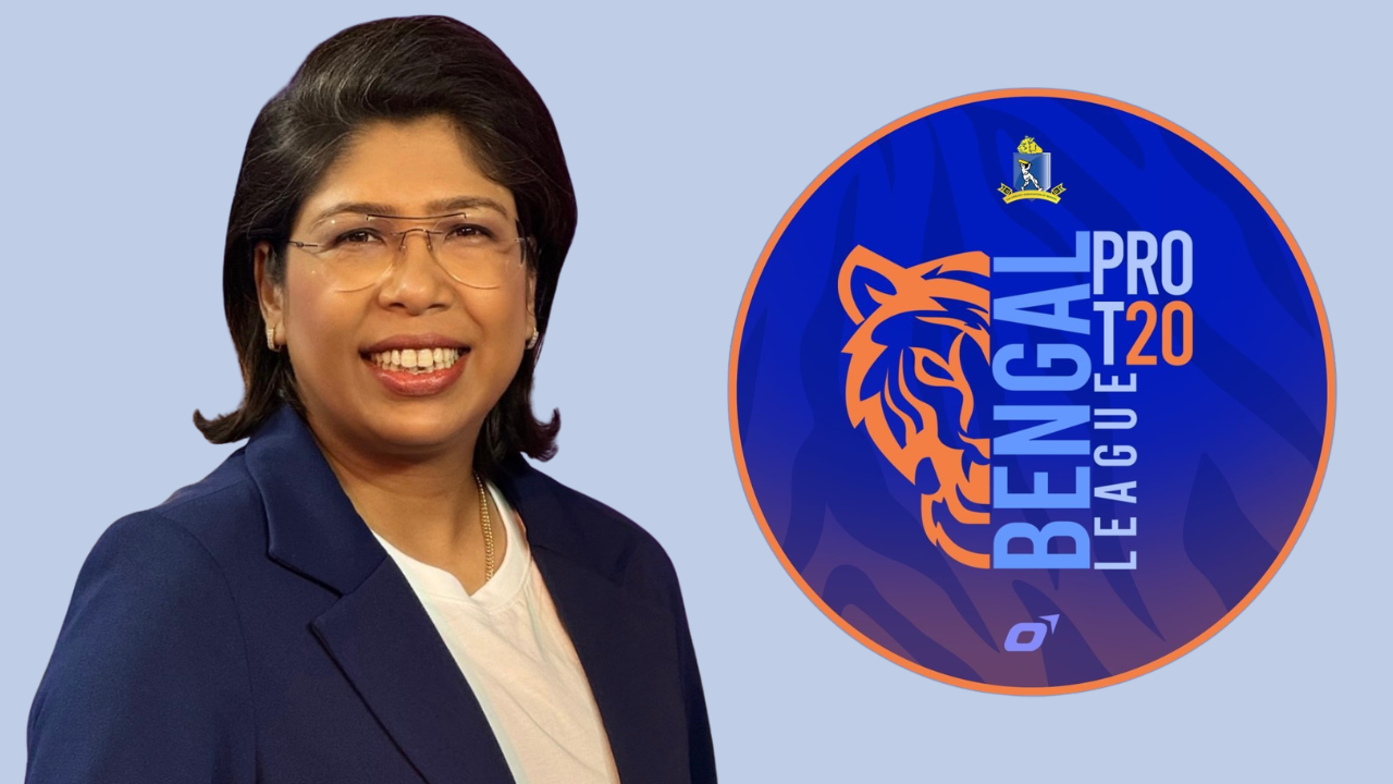 Former Indian cricketer Jhulan Goswami alongside the Bengal Pro T20 League logo in a promotional graphic.