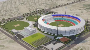 Architectural rendering of the Kabul International Cricket Complex featuring a modern cricket stadium and training grounds in Kabul, Afghanistan.