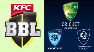 KFC Big Bash League logo alongside Cricket Australia, Cricket NSW and Queensland Cricket logos on split background