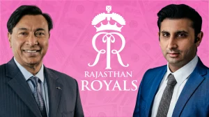 Lakshmi Mittal and Adar Poonawalla with Rajasthan Royals logo on pink background representing IPL team ownership and business association