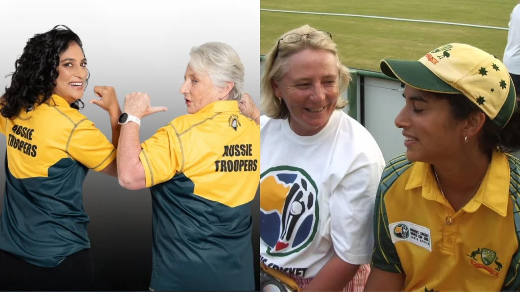Around the Wickets co-founders Lisa Sthalekar and Rina Hore promoting Aussie Troopers cricket travel experiences in Australia-themed apparel and fan engagement moments.