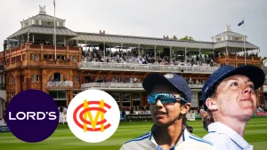 Lord’s Cricket Ground with MCC and Lord’s logos alongside England captain Heather Knight and India captain Harmanpreet Kaur.