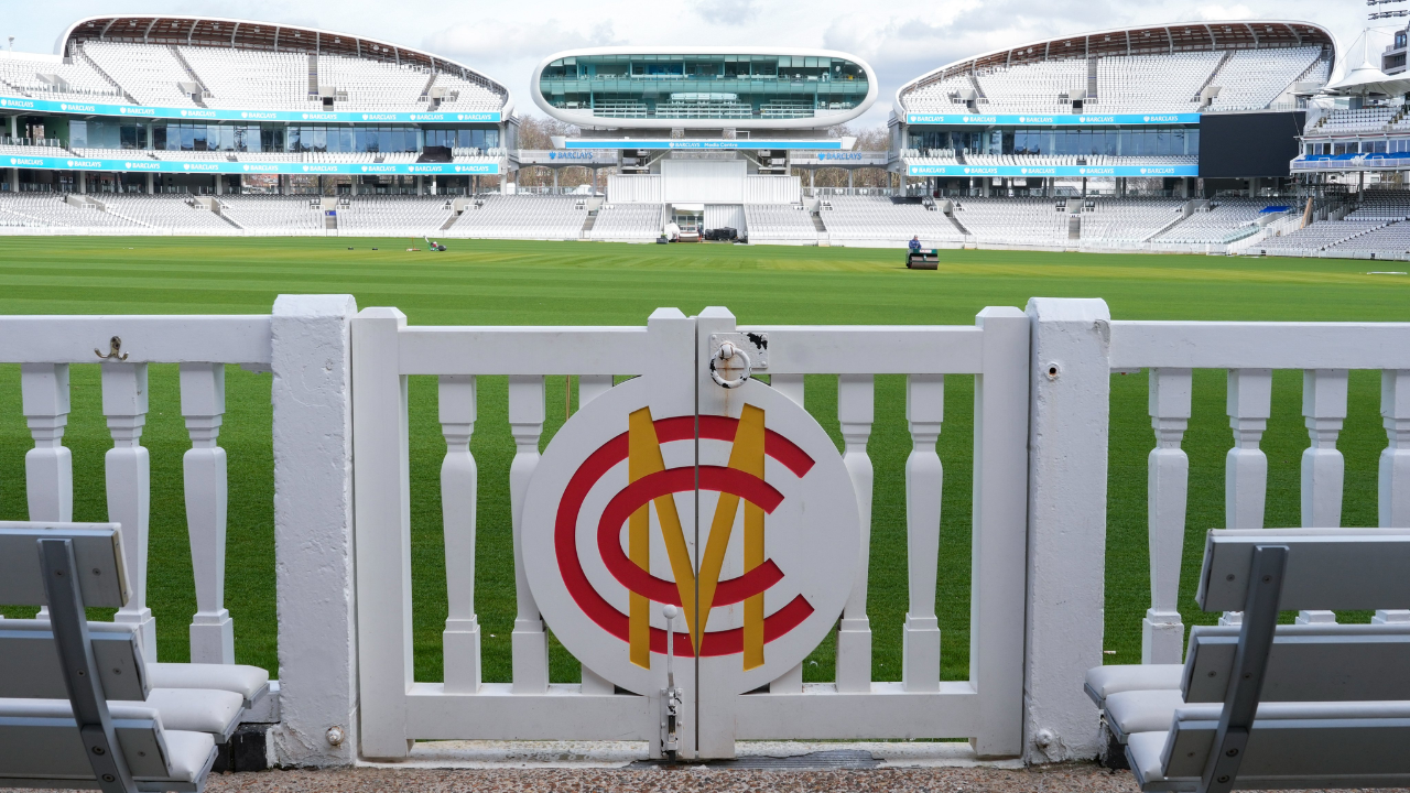 MCC logo displayed at Lord’s Cricket Ground with the iconic pavilion and cricket outfield in the background.